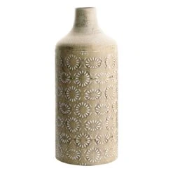 Distressed White Metal Vase With Perforated Flowers, 18"