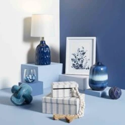 Honeybloom Ivory & Blue Striped Decorative Box, 9x7 -Home Decoration Store honeybloom ivory blue striped decorative box 9x7 5