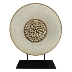 Tracey Boyd Brown & Ivory Carved Medallion With Beads On Stand, 16"