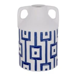 White & Blue Ceramic Jug Vase, 8"