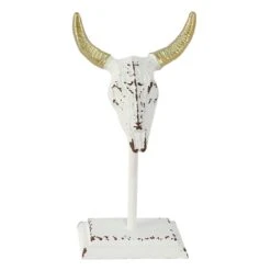 White & Gold Metal Animal Skull, 10.5"